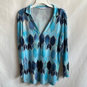 Ticosa blue and gold windowpane print long sleeve V neck top, size L
